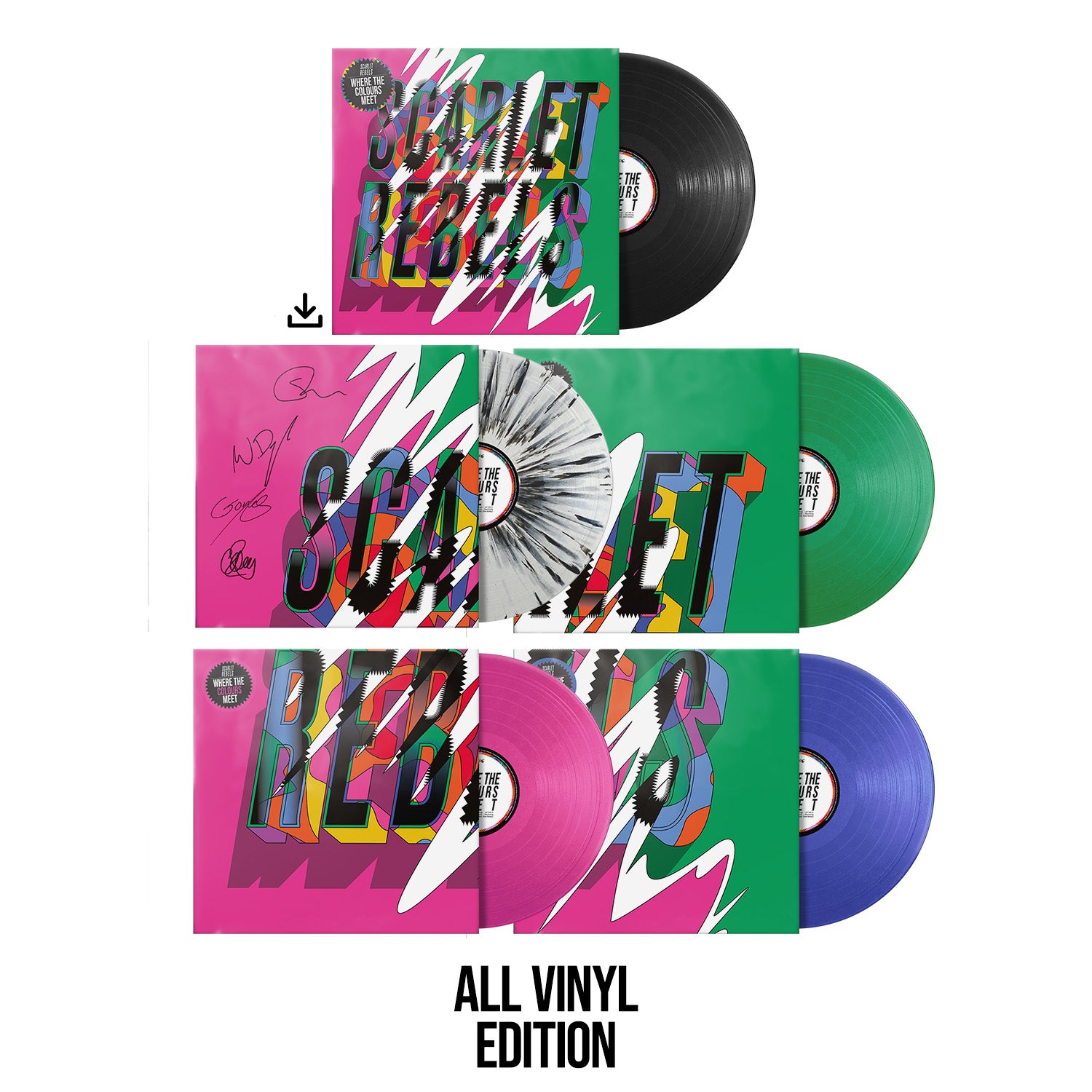 Scarlet Rebels "Where The Colours Meet" All Vinyl Bundle - Splatter, Pink, Green, Blue & Black Vinyl inc. Download - PRE-ORDER
