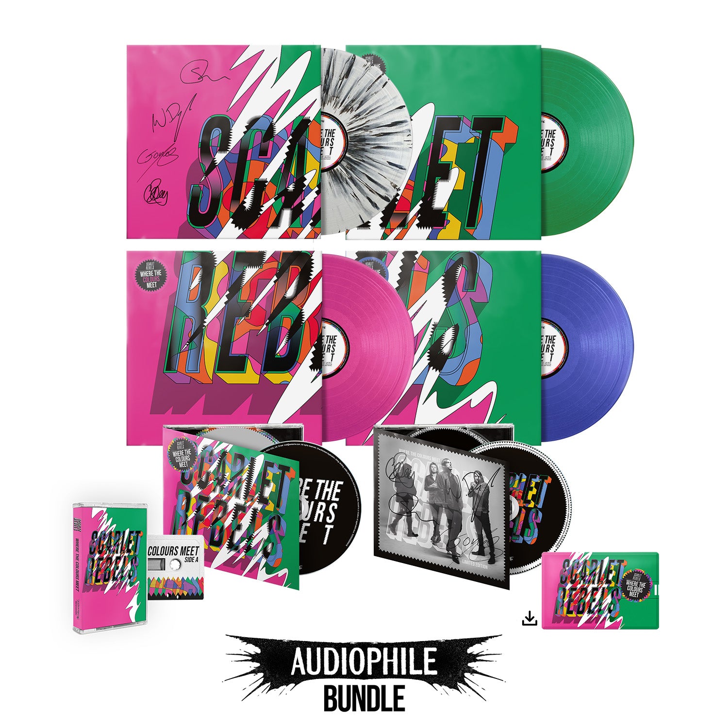 Scarlet Rebels "Where The Colours Meet" Audiophile Bundle - Splatter, Pink, Green & Blue, Signed CD, Regular CD, Cassette Tape, USB & Download - PRE-ORDER