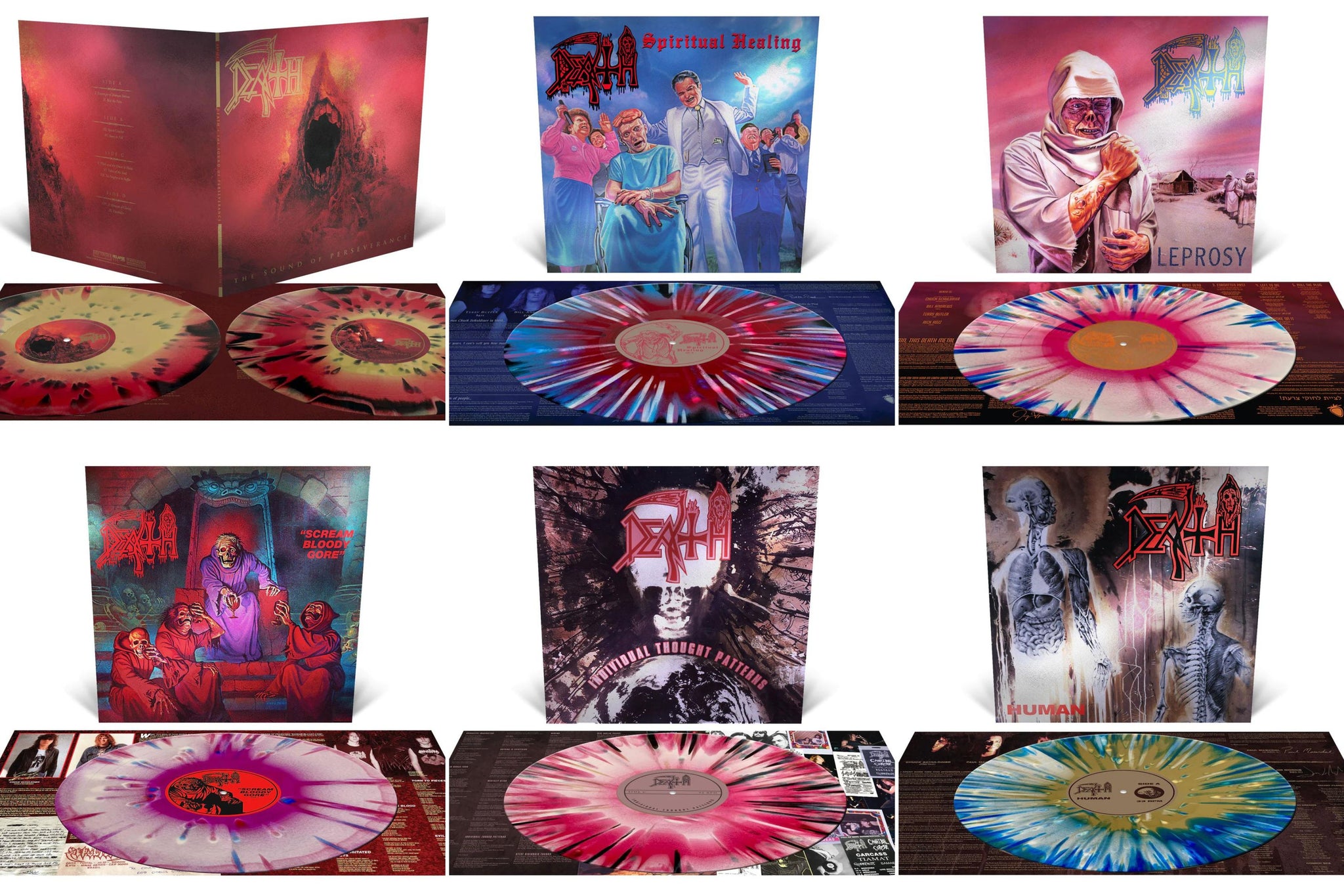 Death Tri Colour Vinyl Bundle - All 6 Silver Foil Laminated Jacket Releases