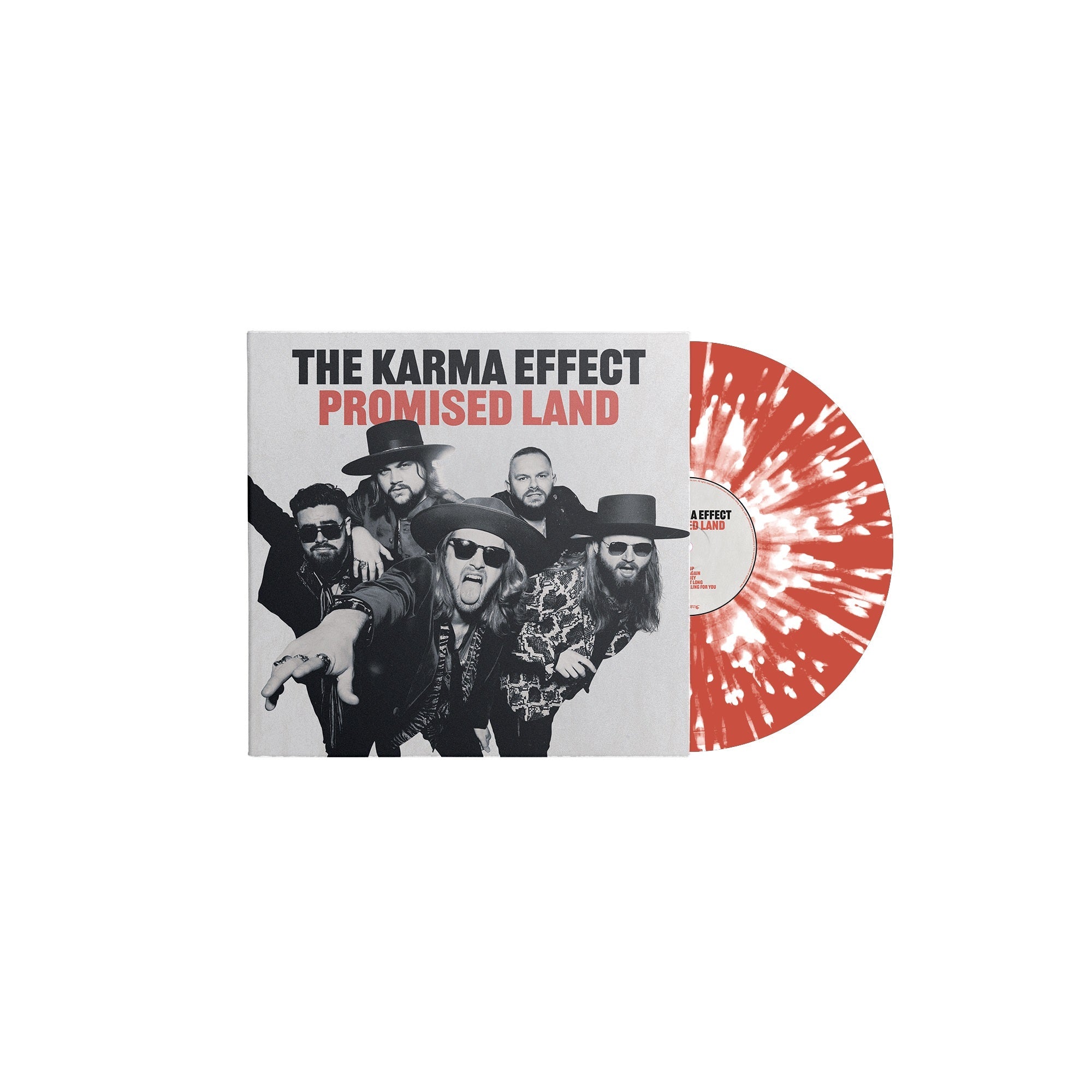 The Karma Effect "Promised Land" Red w/ Heavy White Splatter Vinyl, plus entry to the Westerham Brewery gig, May 4 2024