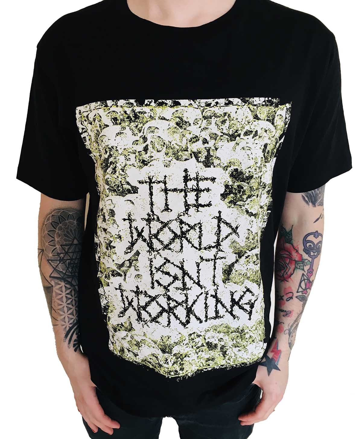 Earache "The World Isn't Working - White Skull" Earth Positive T shirt designed by Mark Titchner