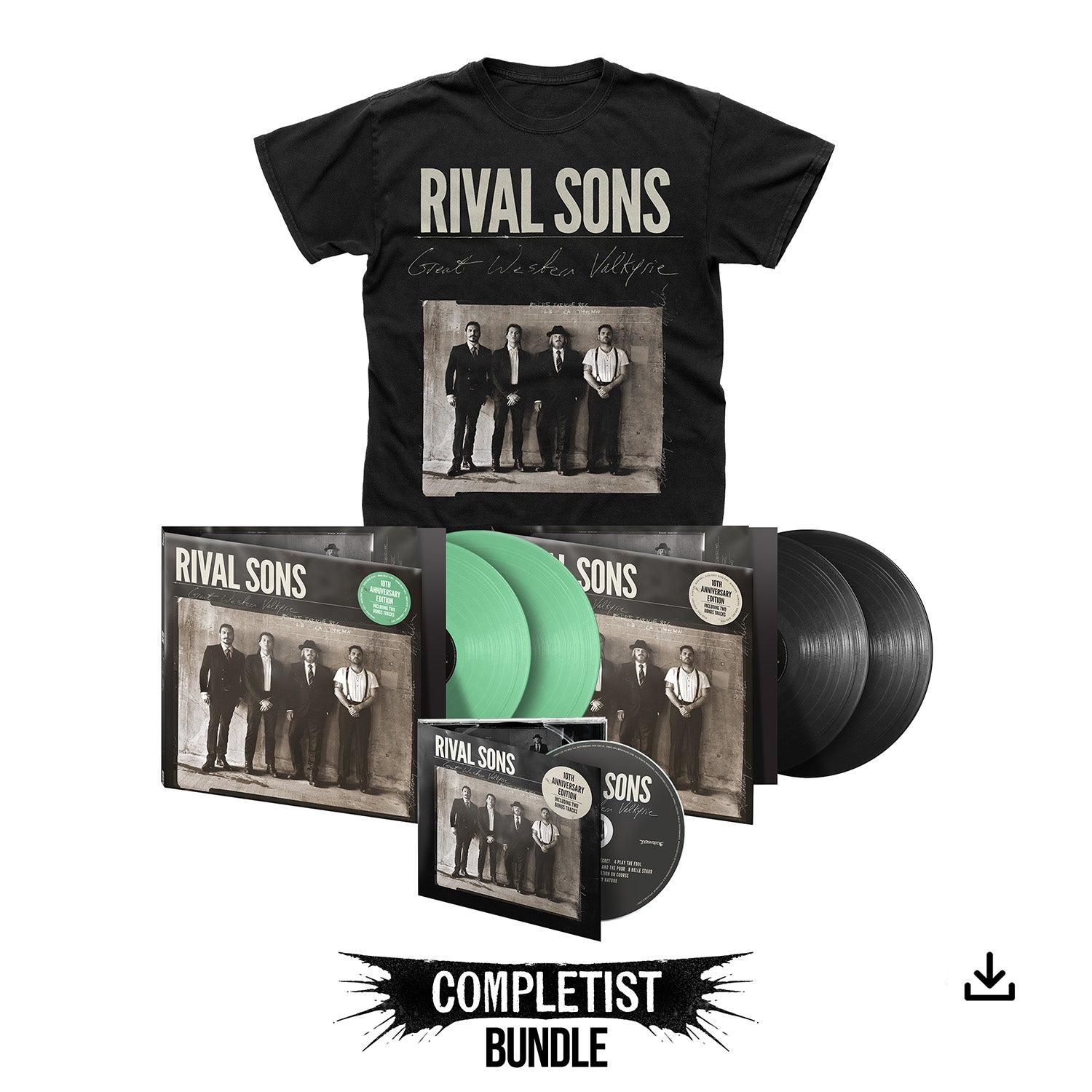 Rival Sons "Great Western Valkyrie - 10th Anniversary Edition" Collector's Bundle 2 - Doublemint Green & Black Vinyl, Digipak CD, T shirt & Download - PRE-ORDER