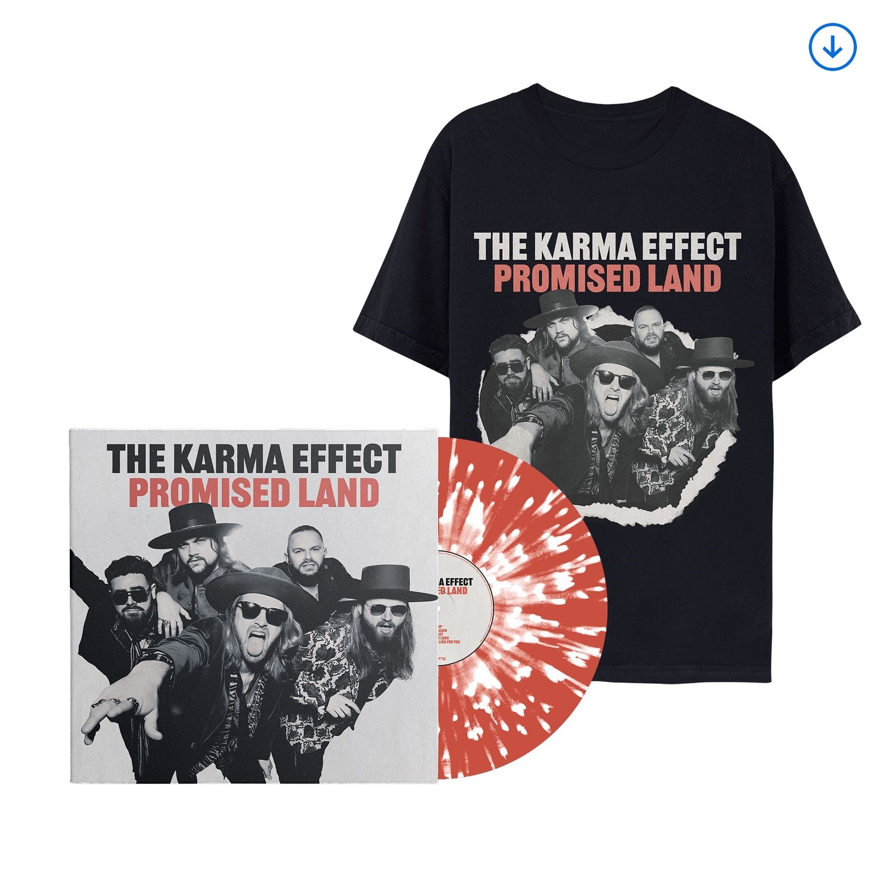 The Karma Effect "Promised Land" Red w/ Heavy White Splatter Vinyl, T shirt & Download