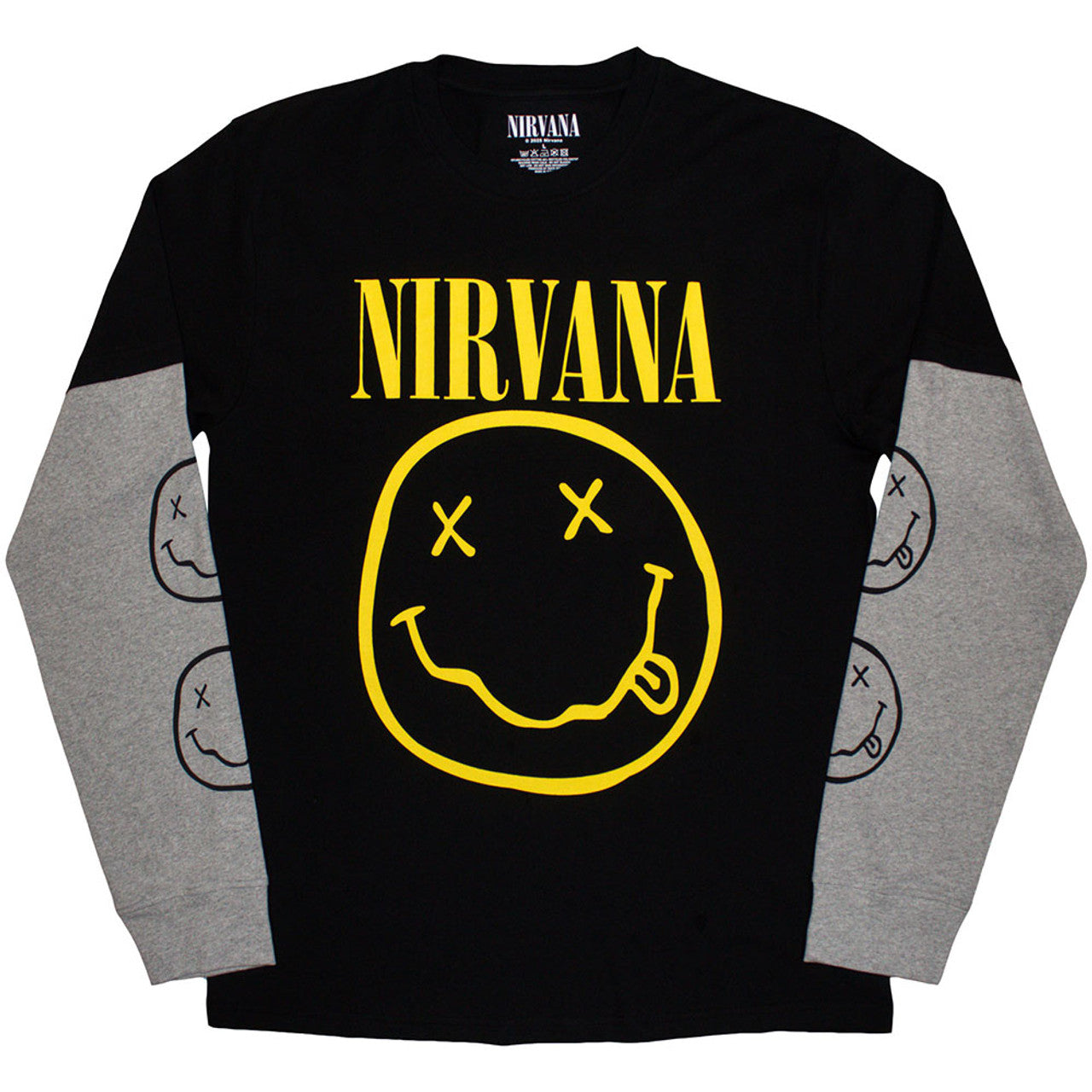 Nirvana "Yellow Happy Face" Black / Grey Layered Long Sleeve T Shirt
