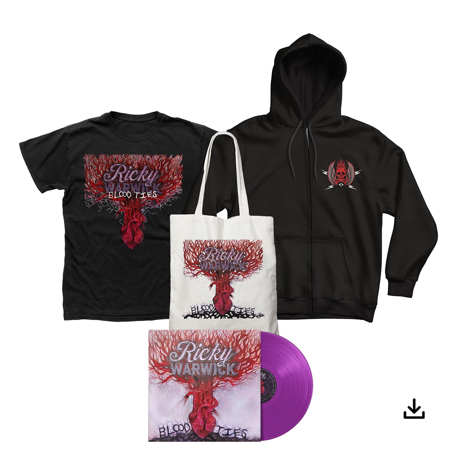 Ricky Warwick "Blood Ties" Purple Vinyl, T shirt, Zip Hoodie, Tote Bag & Download