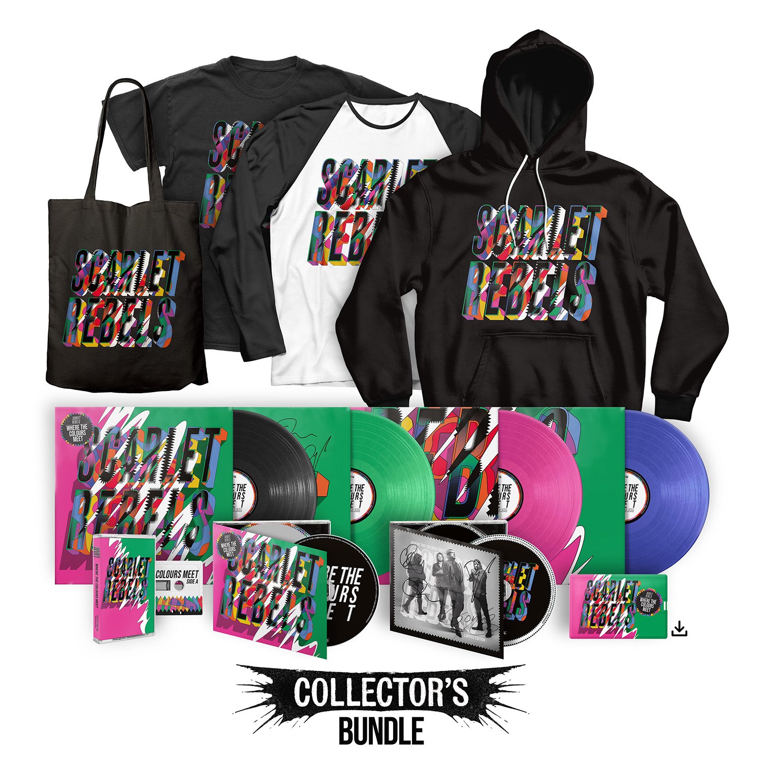 Scarlet Rebels "Where The Colours Meet" Collector's Bundle - 4 Vinyl LPs, Signed CD, Regular CD, Cassette Tape, USB, T shirt, Long Sleeve, Hoodie, Tote Bag & Download - PRE-ORDER