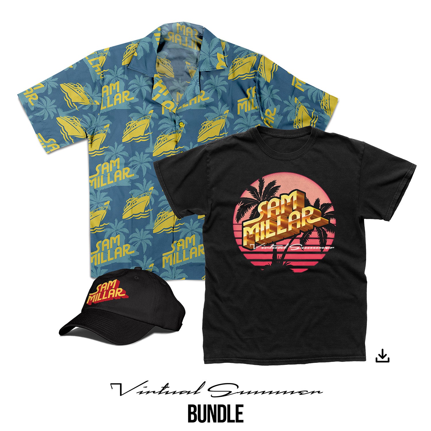 Sam Millar "Virtual Summer" Merch Bundle - T shirt, Hawaiian Shirt, Baseball Cap & Download - PRE-ORDER
