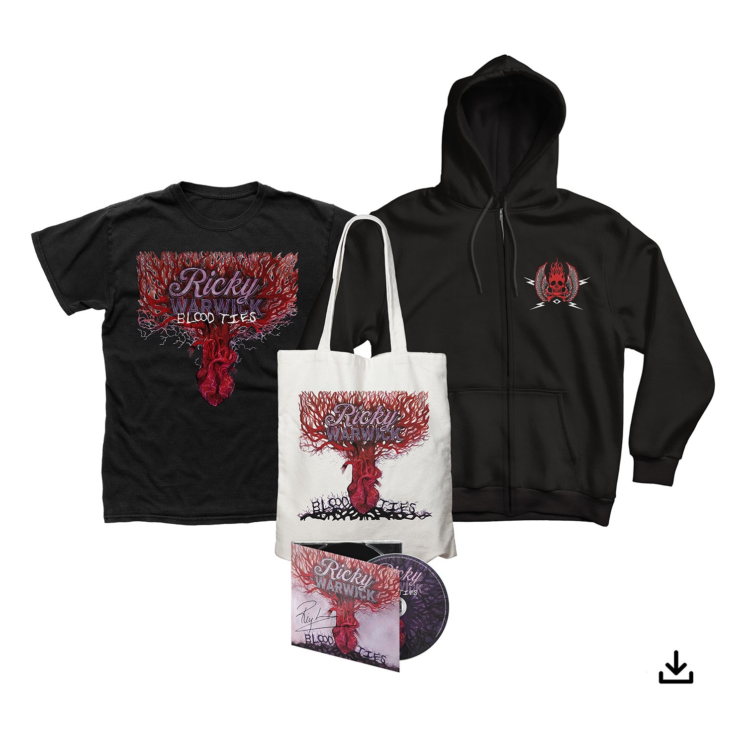 Ricky Warwick "Blood Ties" Signed Digipak CD, T shirt, Zip Hoodie, Tote Bag & Download