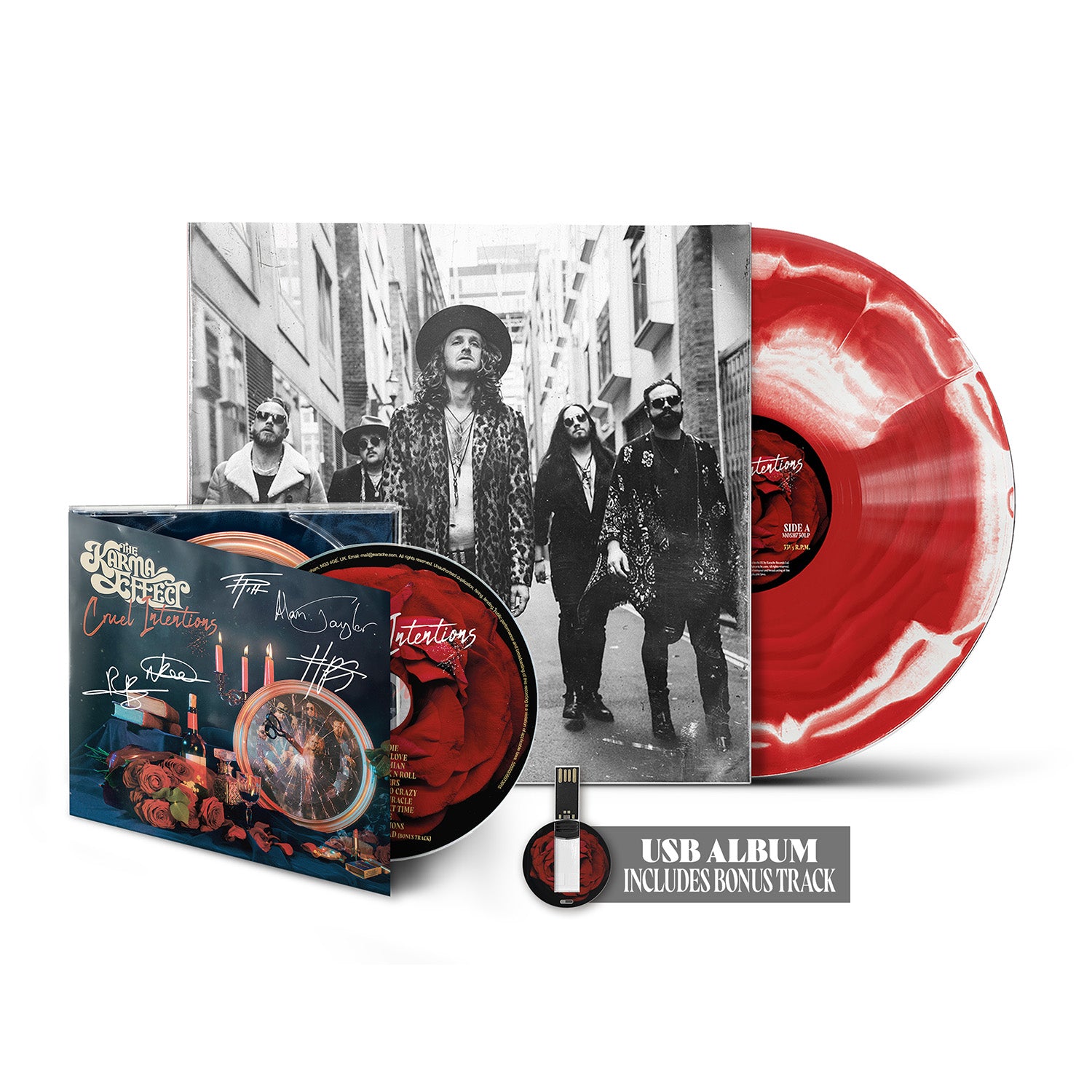The Karma Effect "Cruel Intentions" Red / White Merge Vinyl w/ Alt Black & White Cover, Signed CD & USB - PRE-ORDER (Early Bird Price)