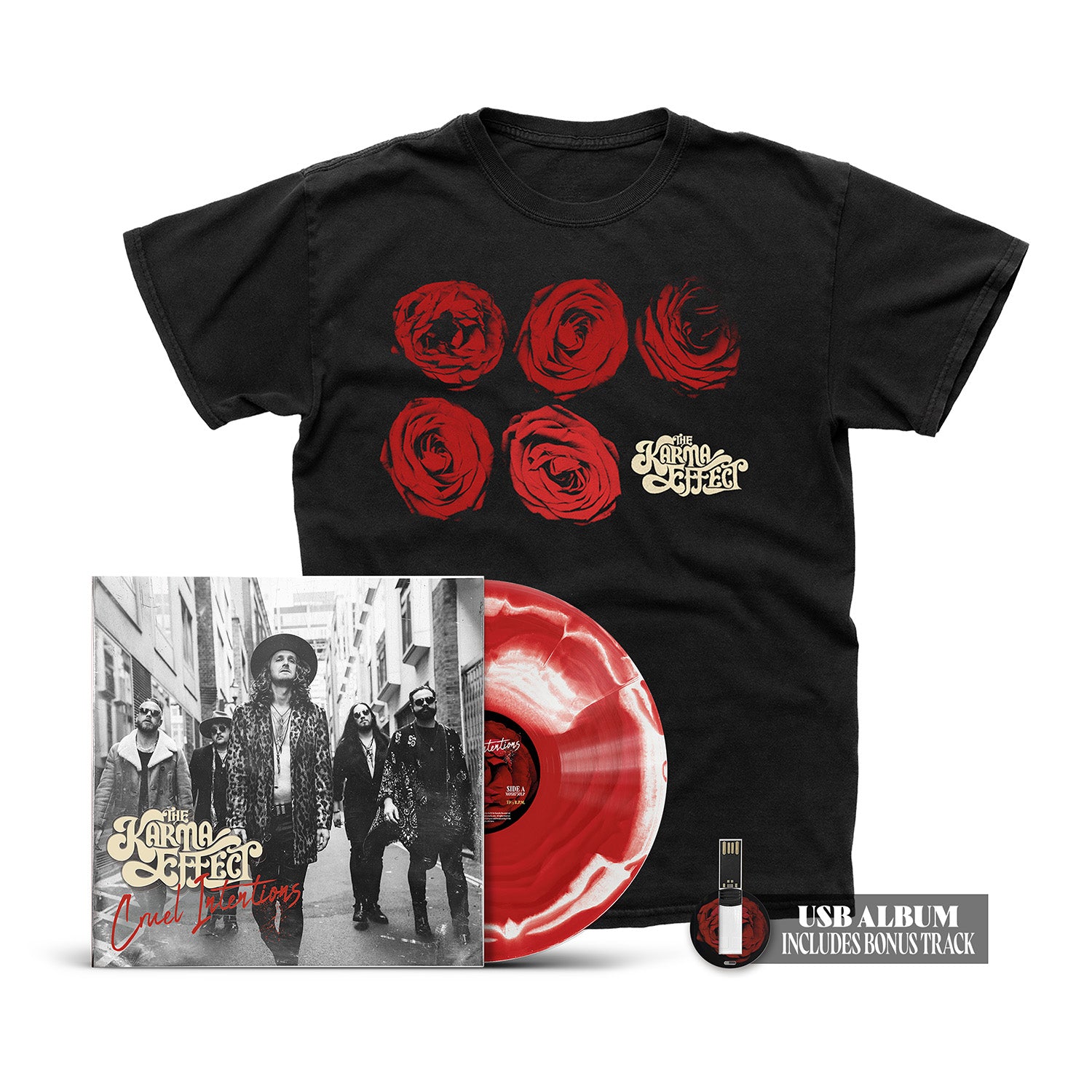 The Karma Effect "Cruel Intentions" Merge Vinyl w Alt Black & White Cover, USB & T shirt - PRE-ORDER (Early Bird Price)