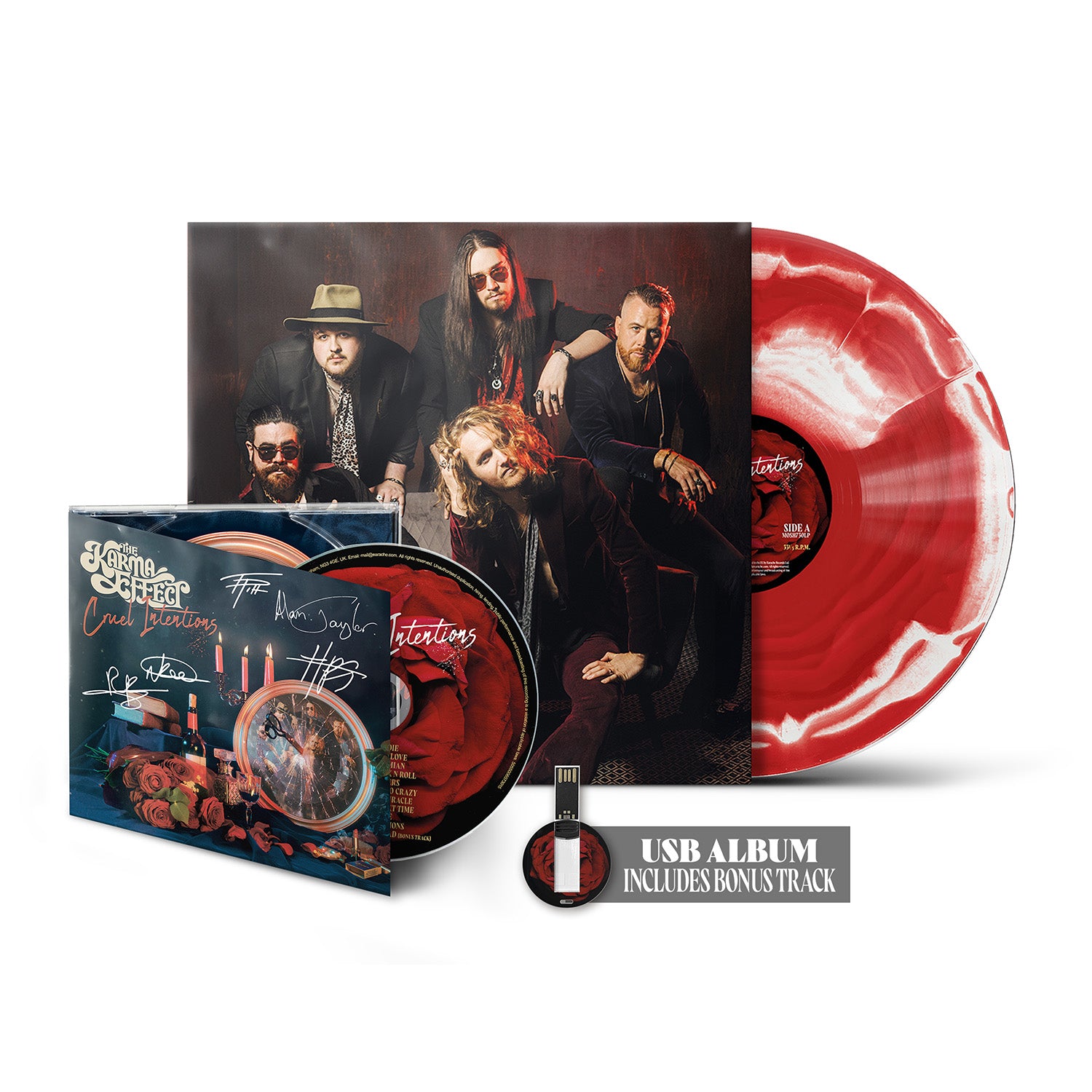 The Karma Effect "Cruel Intentions" Red / White Merge Vinyl w/ Alt Cover, Signed CD & USB - PRE-ORDER (Early Bird Price)