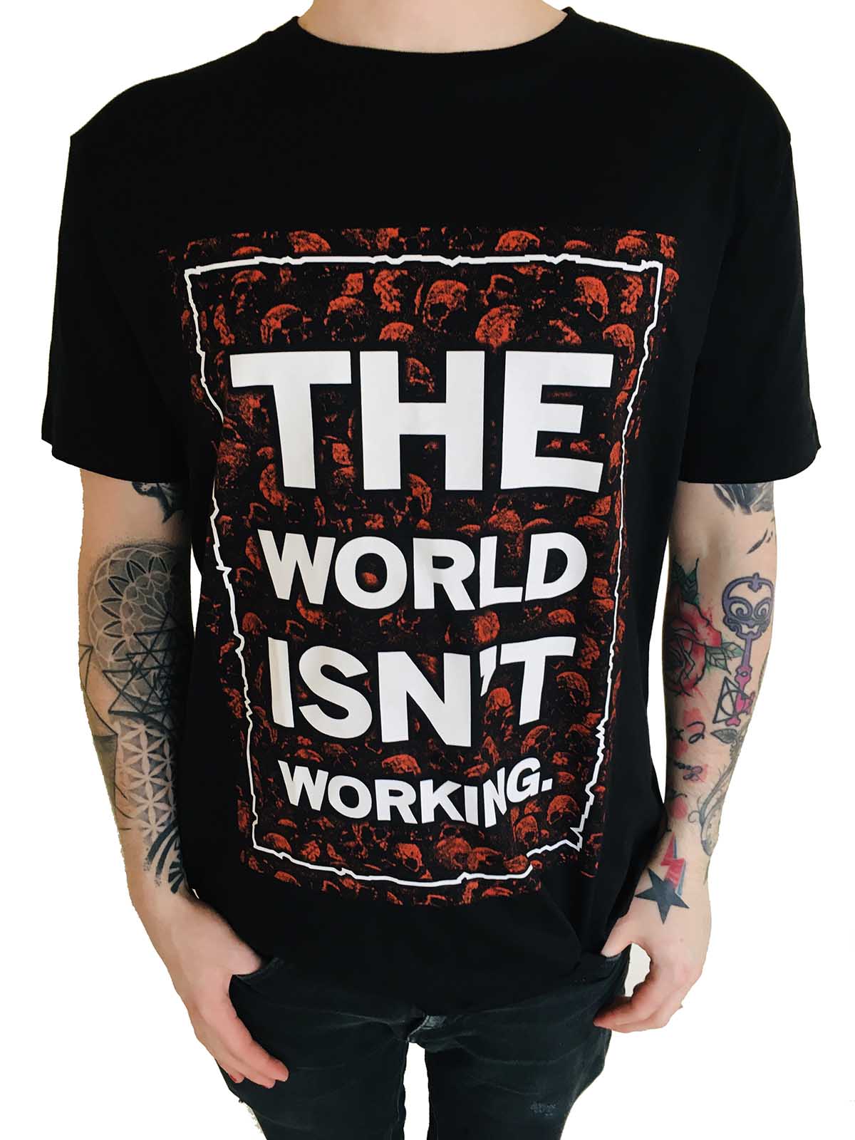 Earache "The World Isn't Working - Red Skull" Earth Positive T shirt designed by Mark Titchner